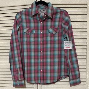 Wrangler Teal and Burgundy Plaid Button-Down Western Shirt